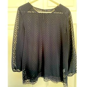 Sheer Navy Blouse- Eclair Pip Crewneck Size L